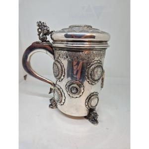 Molten, Embossed And Chiselled Silver Mug. European (austrian) Silverware From The 19th Century