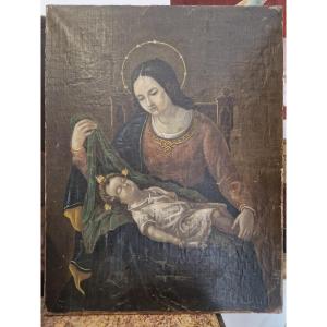 Peinture à l'Huile Sur Toile Vierge à l'Enfant De La Fin Du XVIIIe Siècle