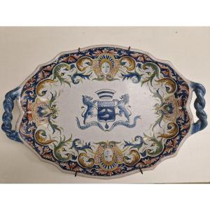 Rare Eighteenth-century Rouen Majolica Tray With Coat Of Arms