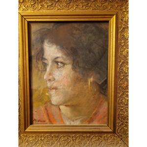 Intéressant portrait au pastel d'une femme par Vincenzo Migliaro