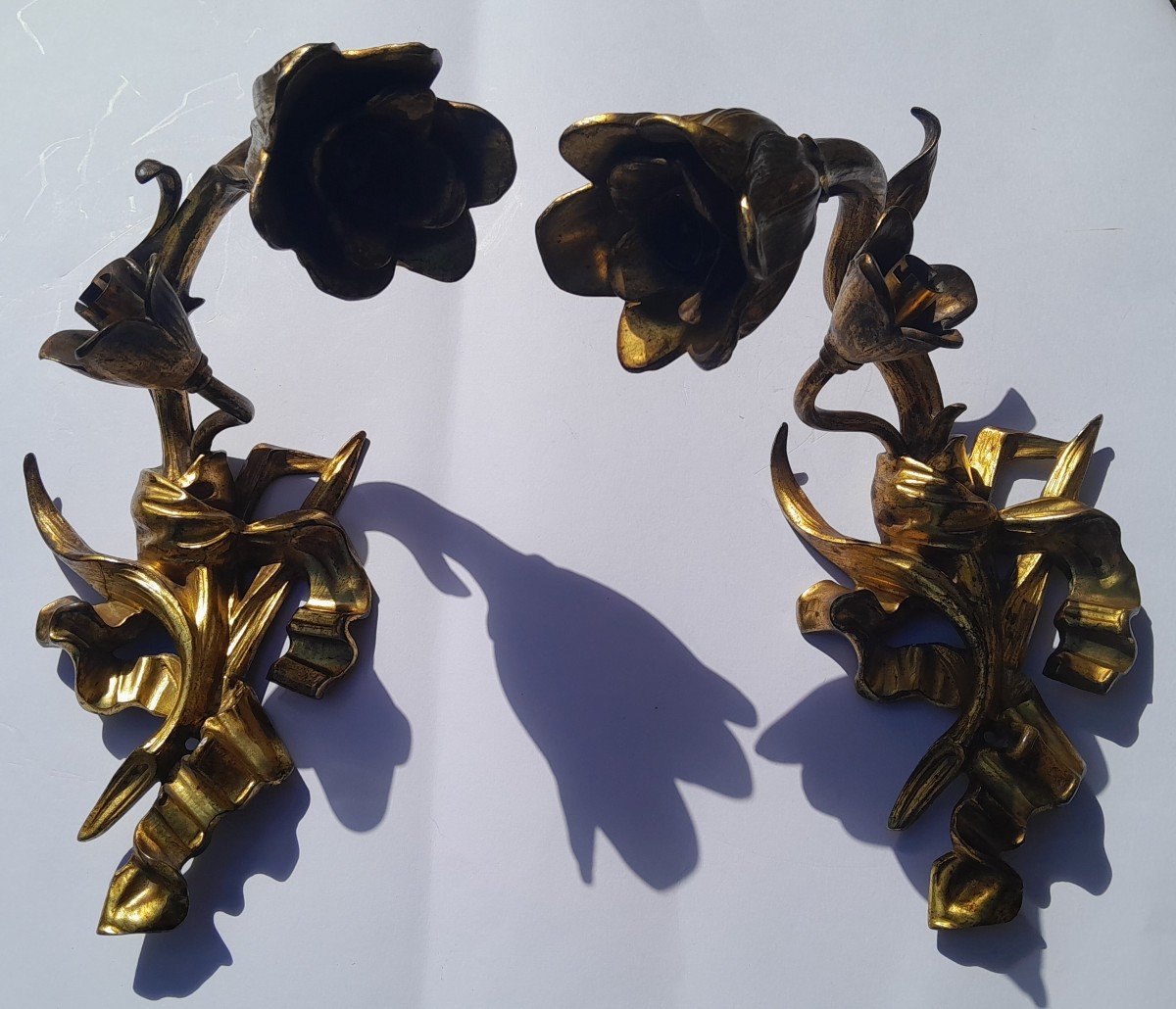 Paire d'Appliques Florales Art Nouveau En Bronze Doré - "Tulipes"-photo-1