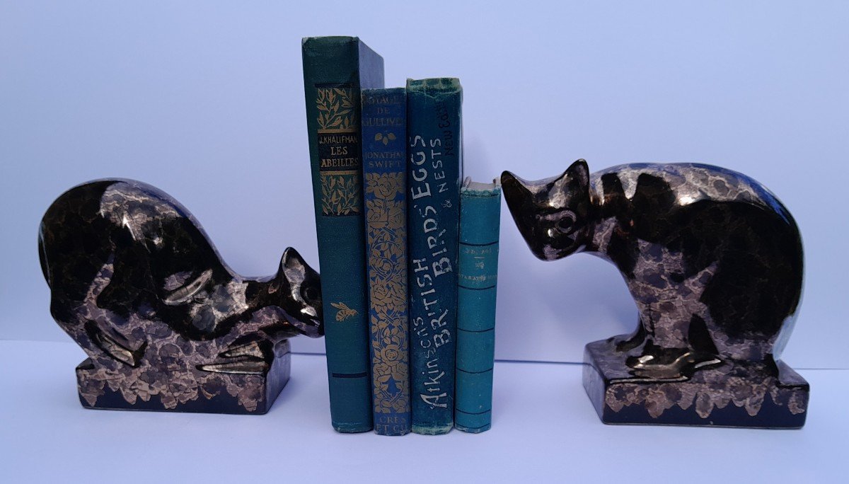 Ceramic Cat Bookends Attributed To The Ateliers De Sèvres Mf (jean Mazeaud And Jean Faverot)-photo-1