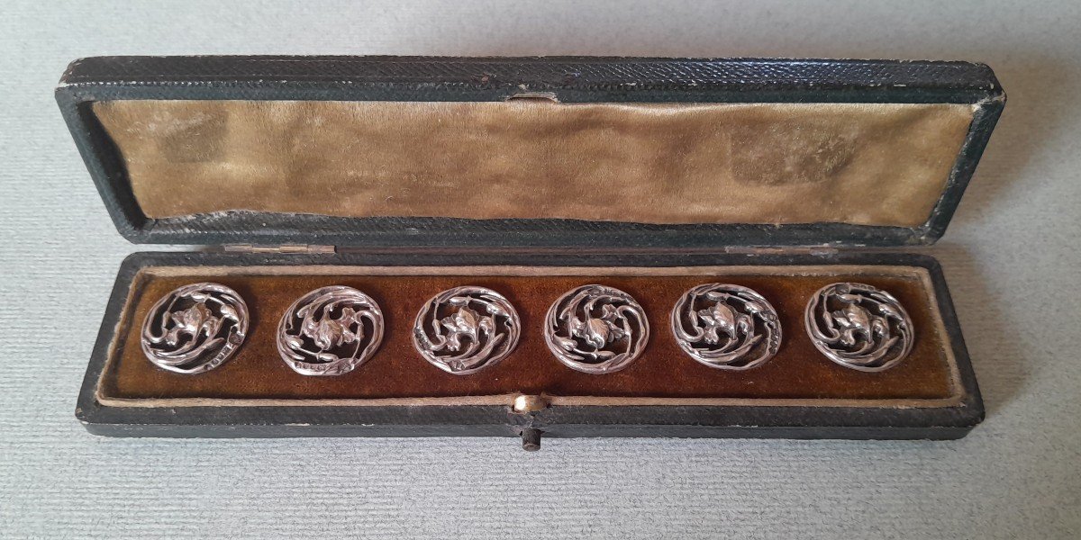 Set Of Silver Art Nouveau Buttons In Their Case, With An Iris Motif