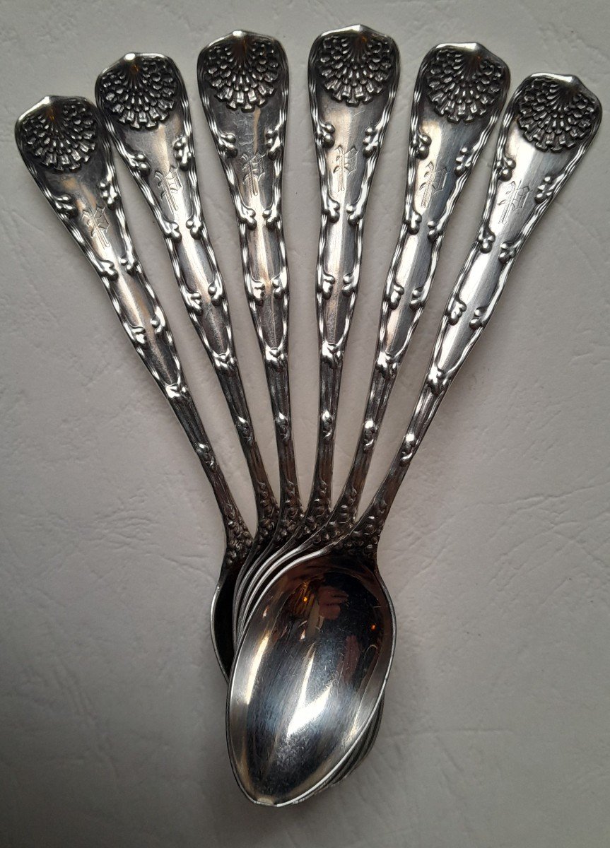 Six Sterling Silver Teaspoons By Tiffany, "wave Edge" Pattern, 1884, Aesthetic Movement