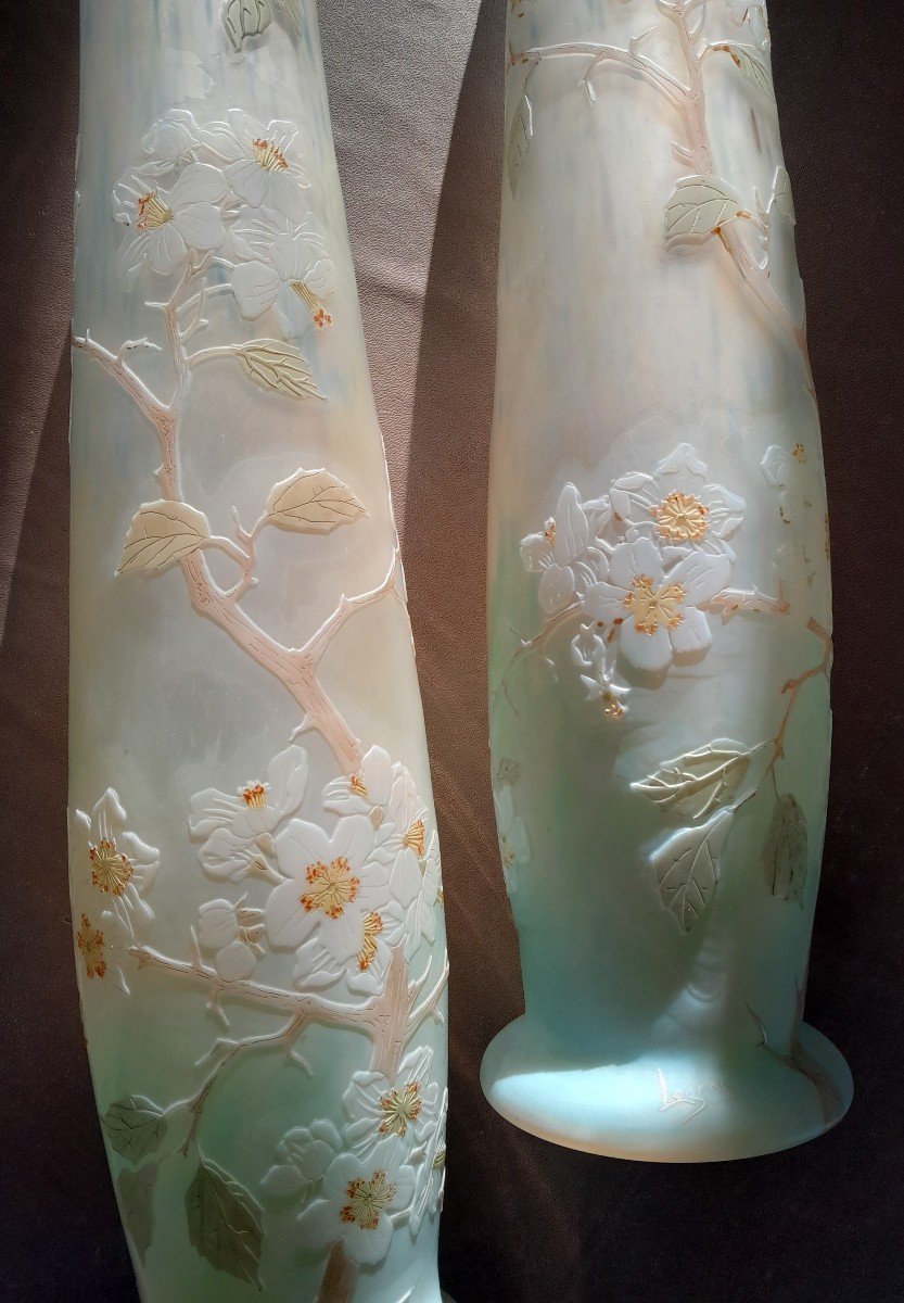 Legras, Deux Grands Vases Art Nouveau « fleurs De Pommier »-photo-3