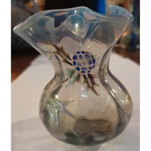 Miniature Emile Gallé Glass Vase With Enamelled Decor Of Thistle - Pearly Blue Rim