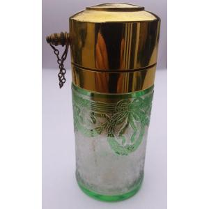 Saint-louis Piston Perfume Sprayer In Green And Clear Crystal -decor Engraved With Garlands And Ribbons