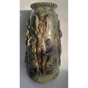 André Rozay La Borne - Stoneware Vase With Relief Decor, Allegory Of The Four Seasons