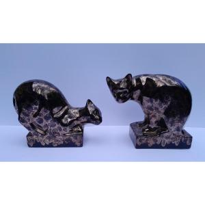 Ceramic Cat Bookends Attributed To The Ateliers De Sèvres Mf (jean Mazeaud And Jean Faverot)