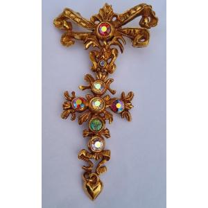 Christian Lacroix Brooch - Gold Cross And Rhinestone Tassel