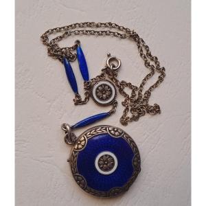 Silver And Guilloche Enamel Photo Locket Medallion And Its Chain