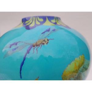 Art Nouveau Earthenware Vase With Dragonfly And Daisy Decor