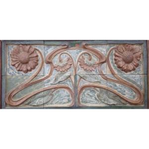 Art Nouveau Stoneware Exterior Panel For Top Of Door Decorated With Sunflowers
