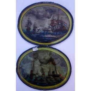 Pair Of 18th Century Dutch Stained Glass Panels With A Whaling Scene