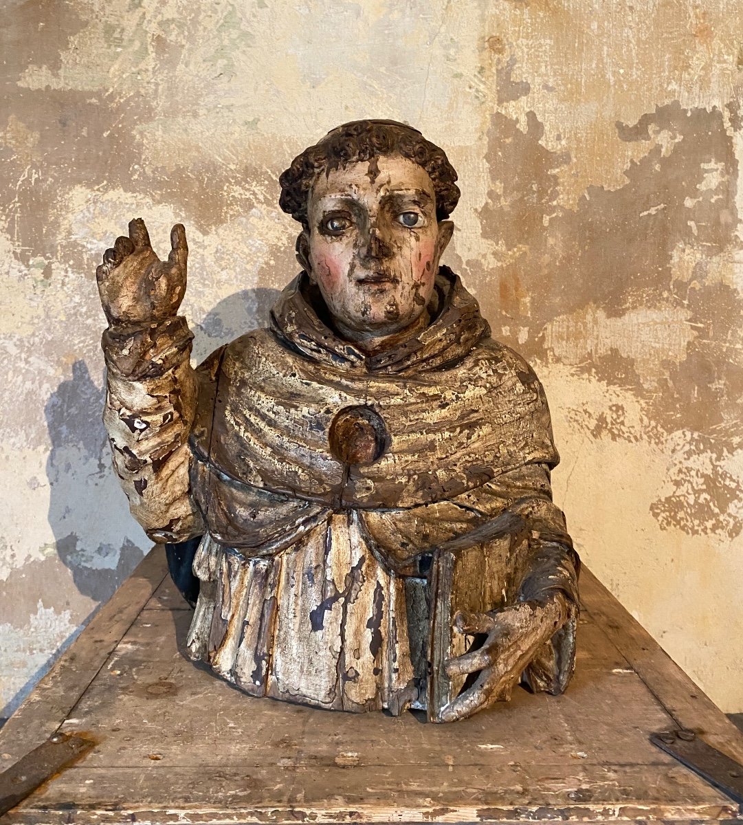 Very Ancient Polychrome Friar From The 16th/17th Century Of Italian Origin. 