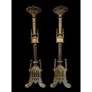 Ancient Pair Of Neo-gothic Candelabra