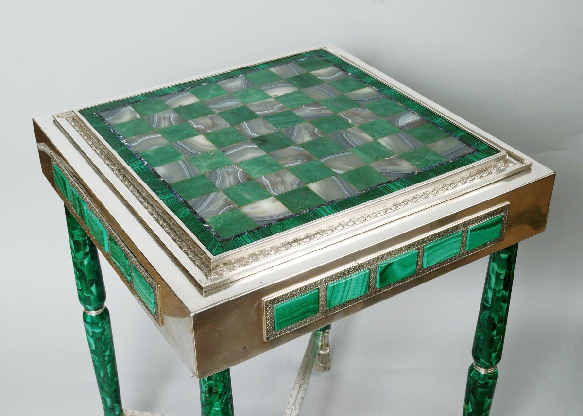 Russian Chess Game Table In Silver, Malachite And Ornamental Stones-photo-2