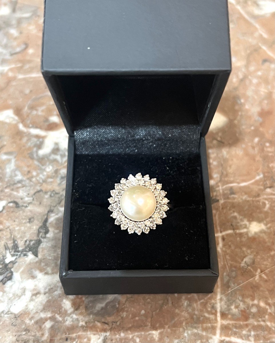 10mm Pearl Diamonds 18 Carat White Gold Daisy Ring-photo-3