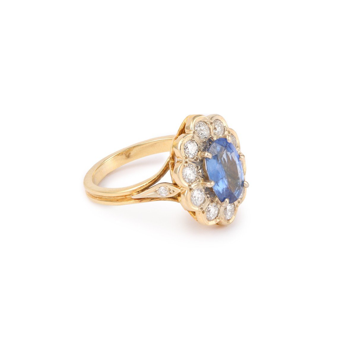 2.10 Carats Sapphire Diamonds 18 Carats Yellow Gold Pompadour Ring-photo-3