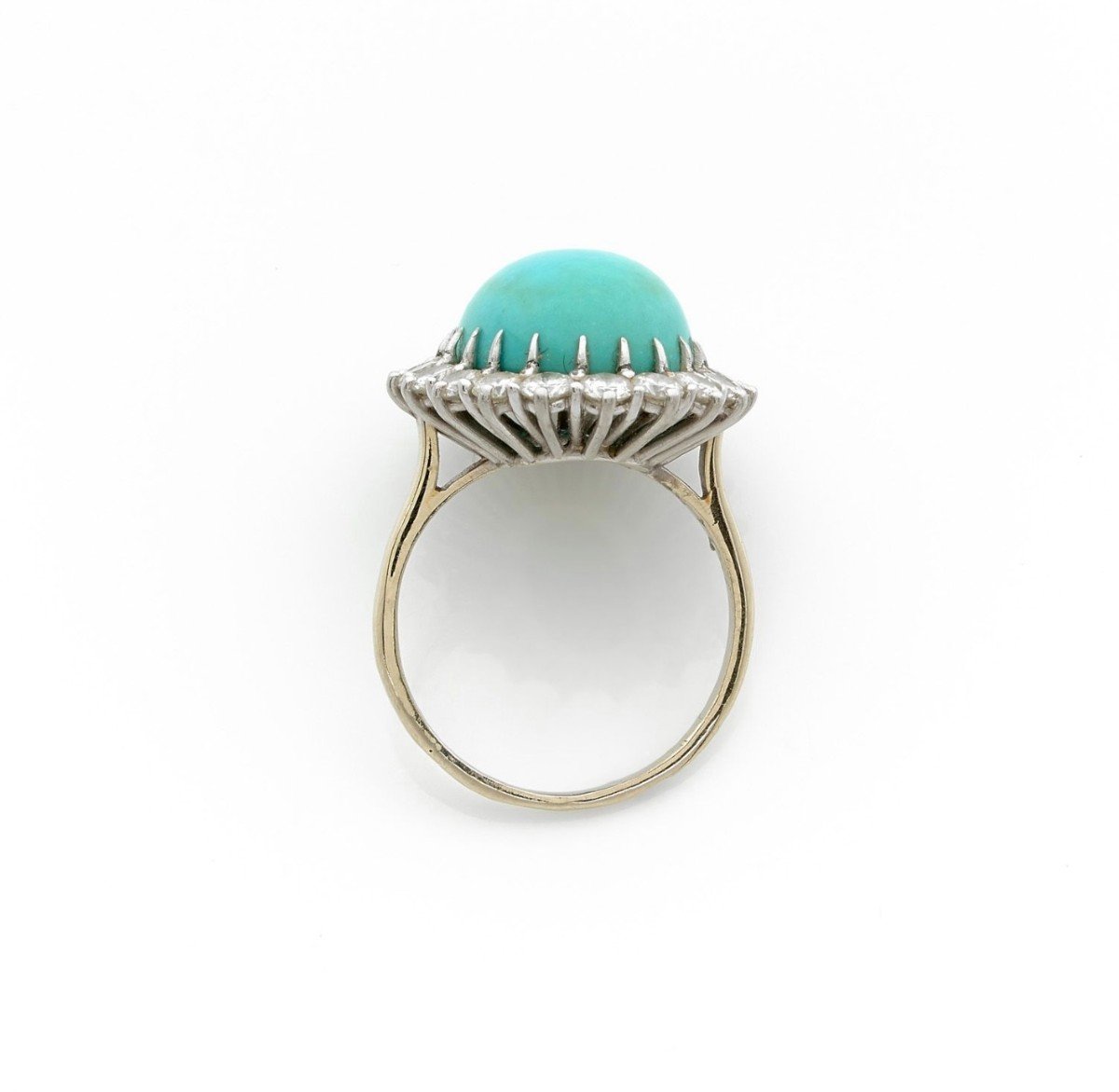 Turquoise Cabochon And Diamonds Platinum And 18 Carat White Gold Retro Pompadour Ring-photo-2