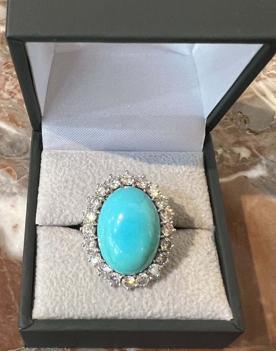 Turquoise Cabochon And Diamonds Platinum And 18 Carat White Gold Retro Pompadour Ring-photo-3