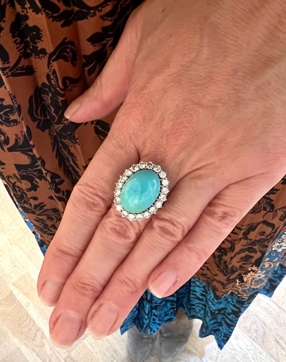 Turquoise Cabochon And Diamonds Platinum And 18 Carat White Gold Retro Pompadour Ring-photo-4