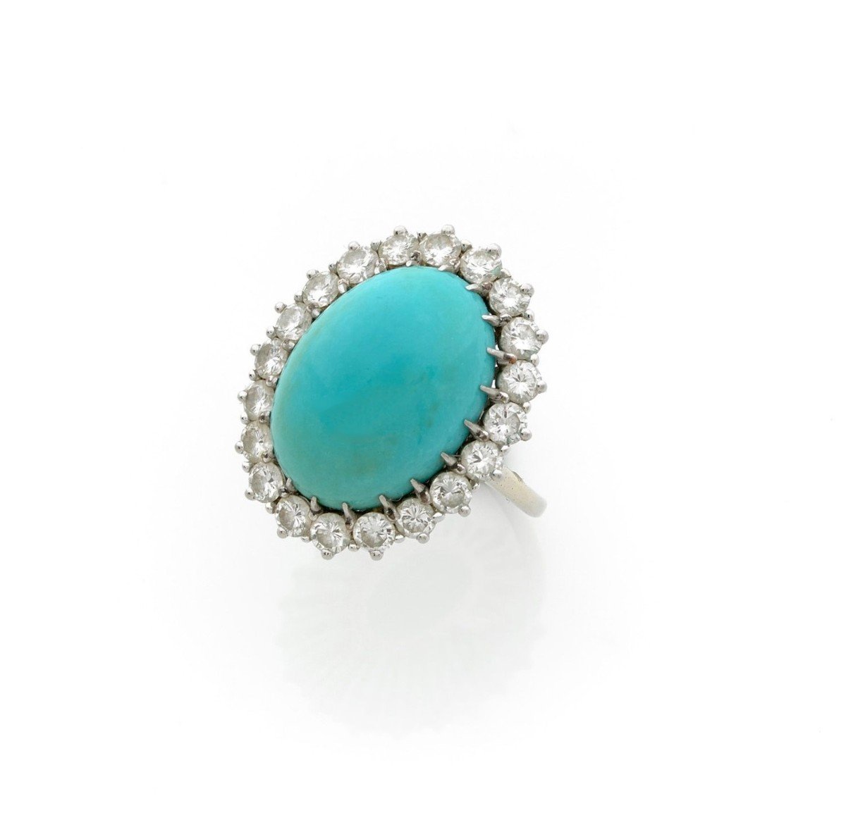 Turquoise Cabochon And Diamonds Platinum And 18 Carat White Gold Retro Pompadour Ring