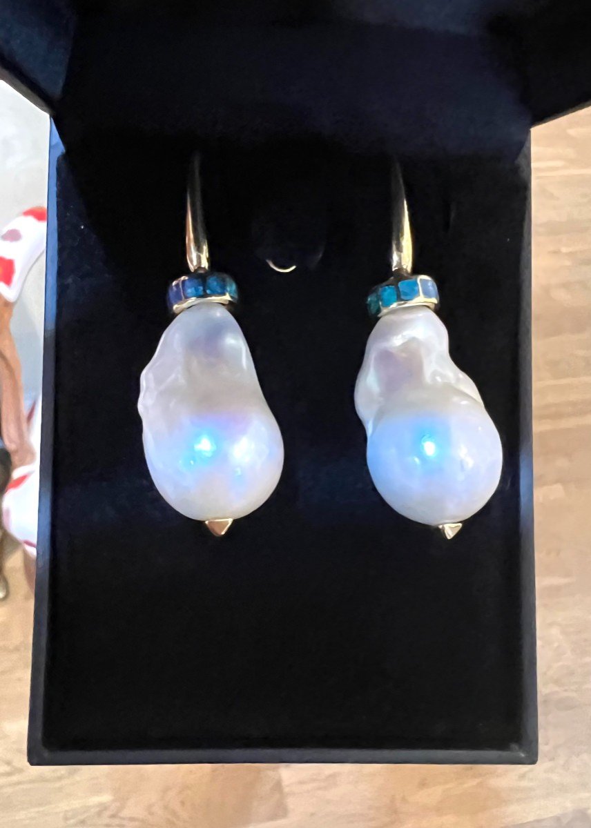 Baroque Pearls Opal 18 Carats Yellow Gold Earrings-photo-2