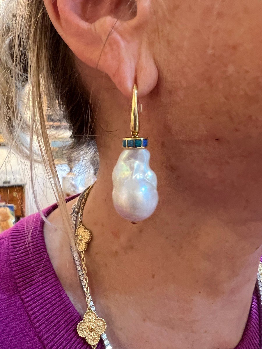 Baroque Pearls Opal 18 Carats Yellow Gold Earrings-photo-3