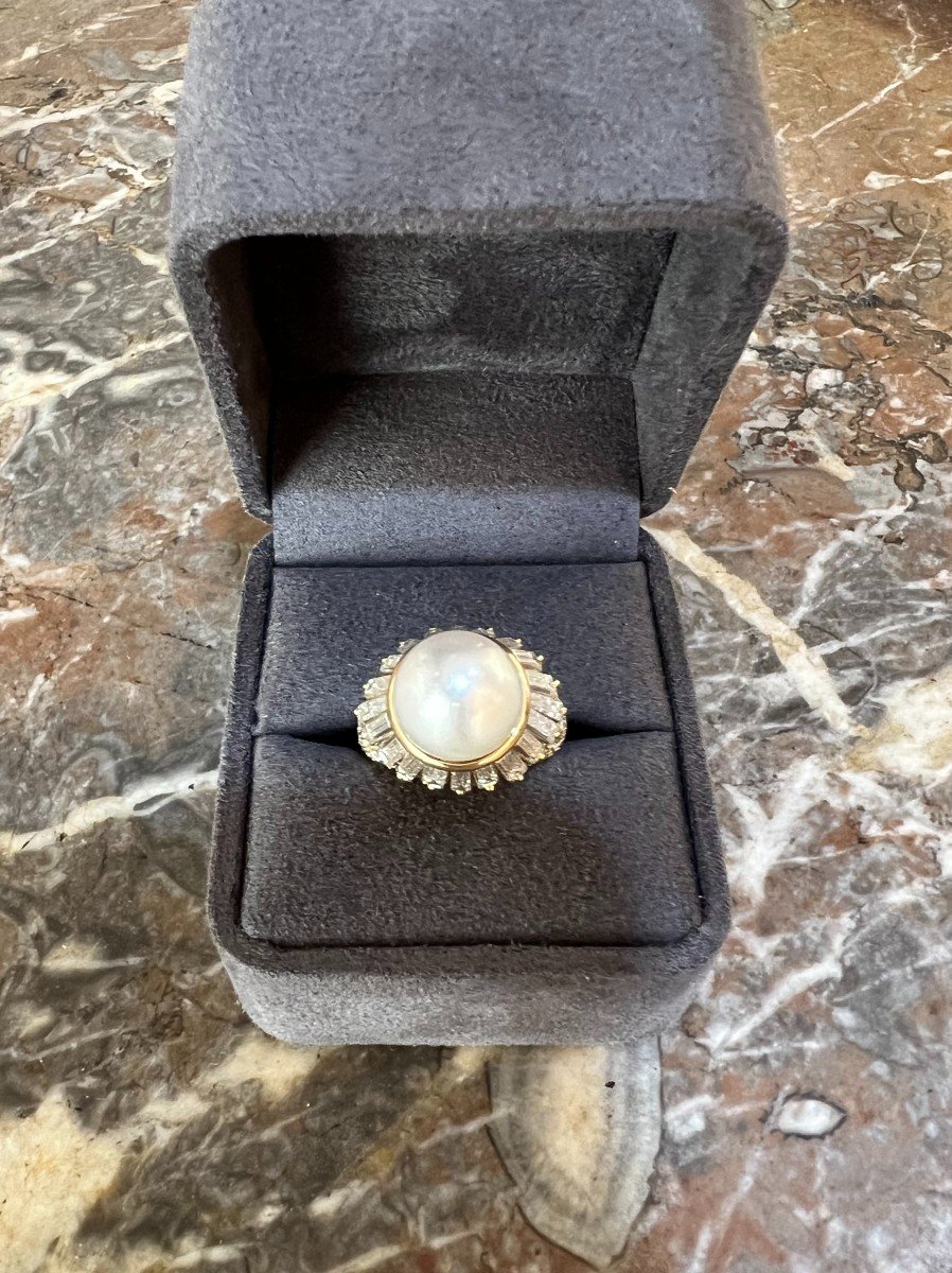 Vintage 12mm Pearl Diamonds 2.30 Carats 18 Carat Yellow Gold Cocktail Ring-photo-4