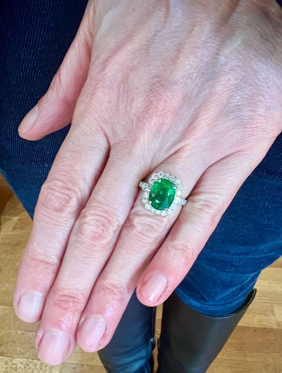 4.54 Carats Tsavorite Garnet Diamonds 18 Carats White Gold Pompadour Ring-photo-2