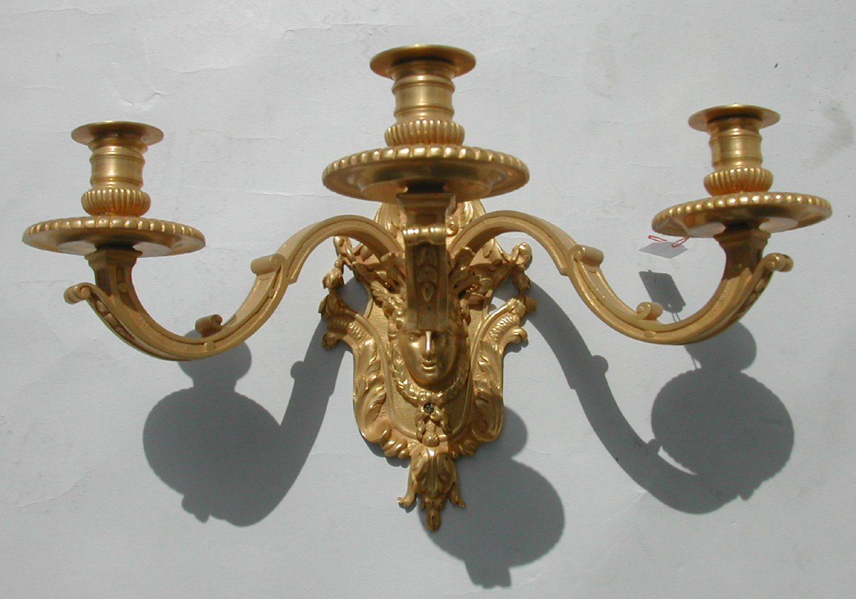 Pair Of Louis XIV Style Ribbon Bow Sconces, Chiseled And Gilded Bronze