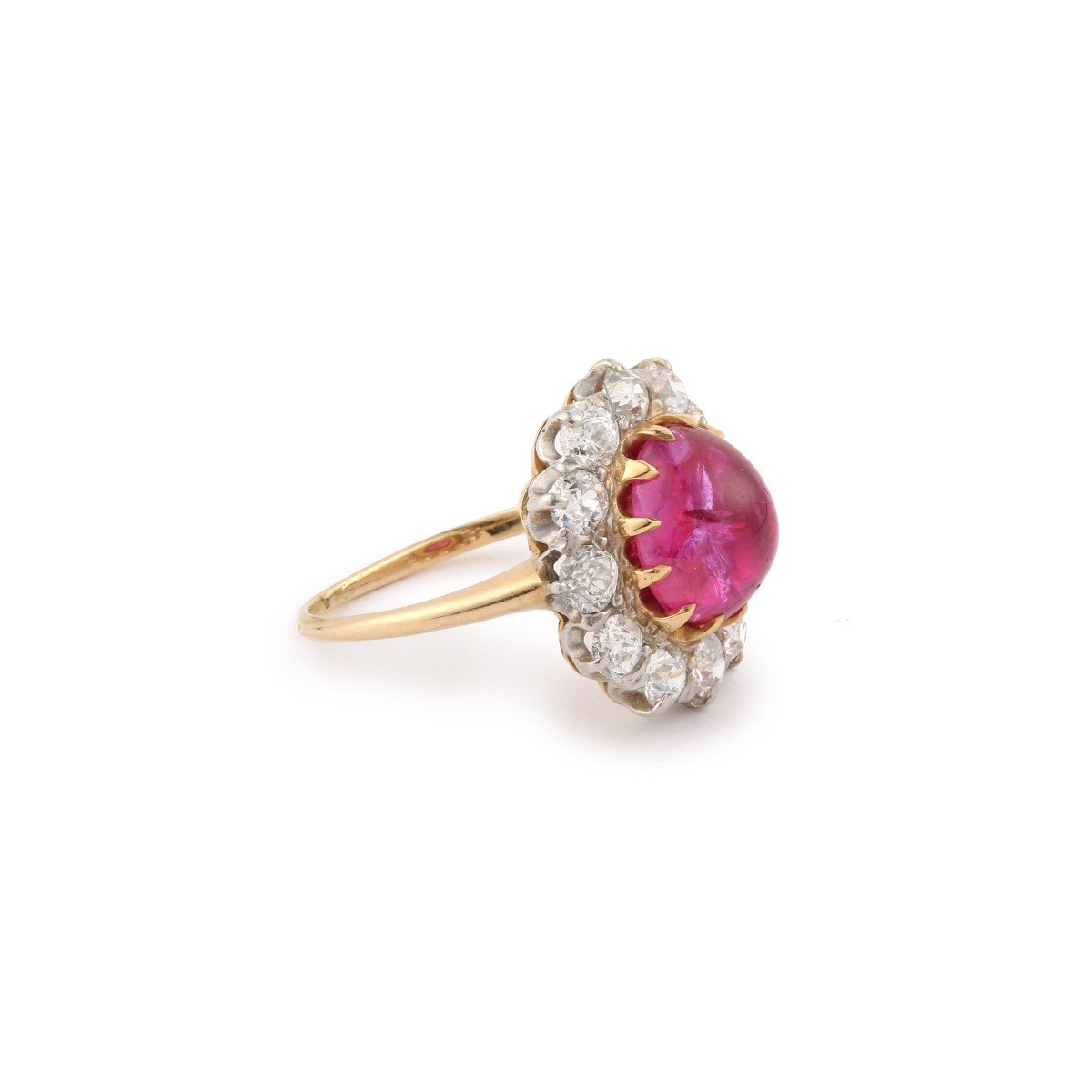 Certified Unheated 3.63 Carats Burma Cabochon Ruby Diamonds Platinum Yellow Gold Ring-photo-2