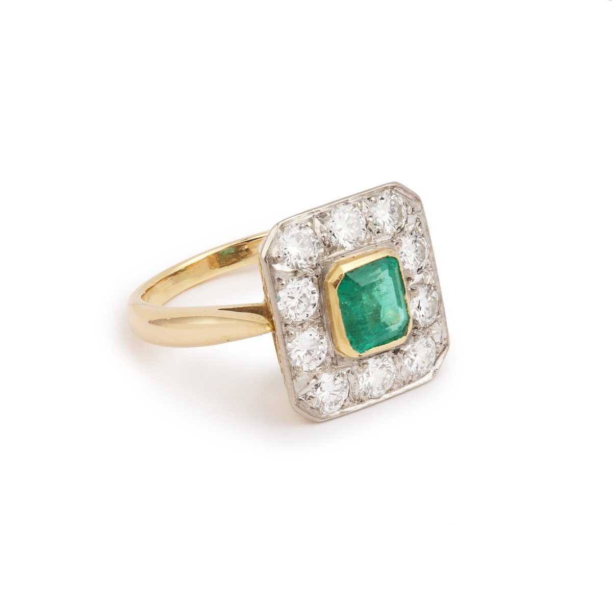 Colombian Emerald Diamonds Platinum 18 Carat Yellow Gold Art-deco Style Ring-photo-3