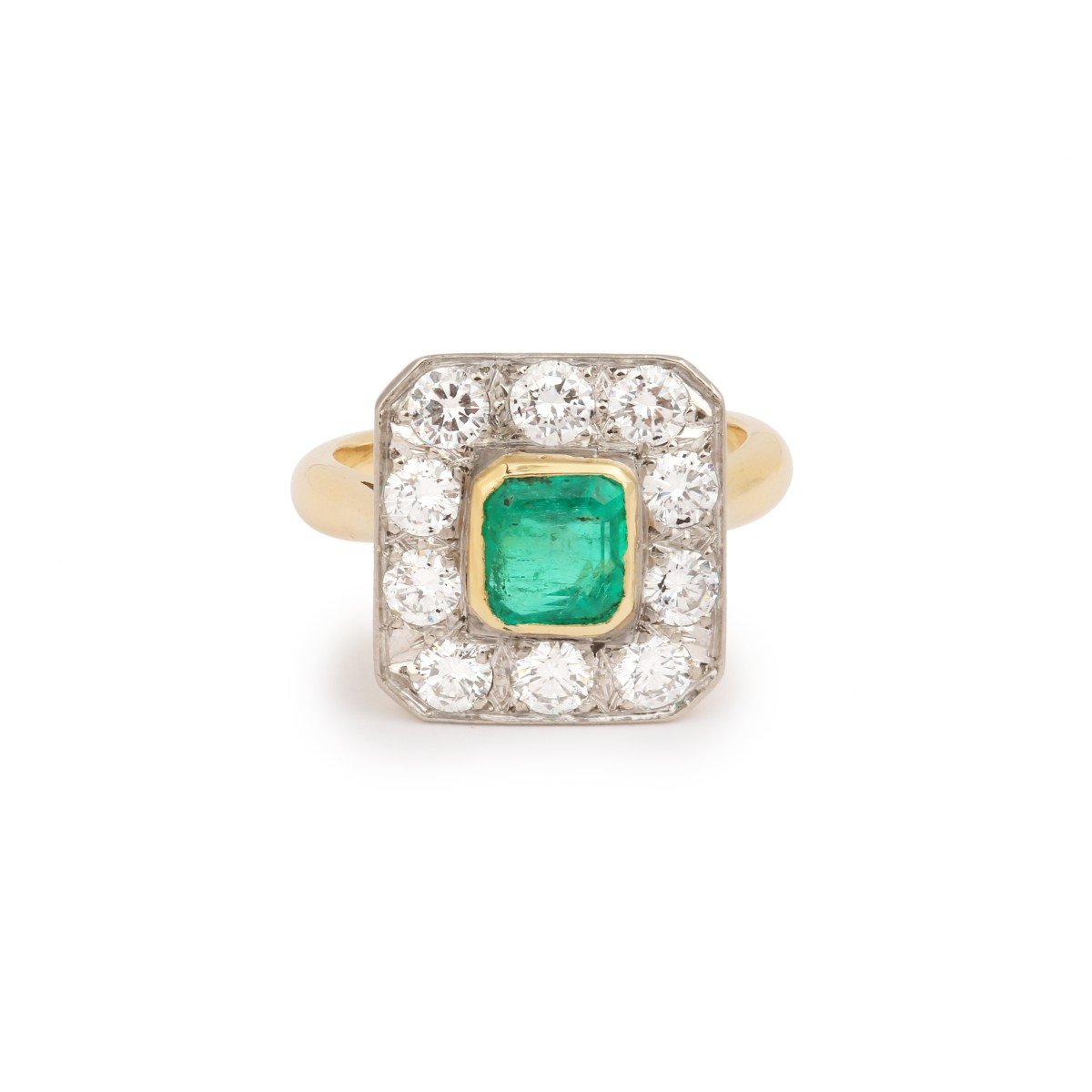 Colombian Emerald Diamonds Platinum 18 Carat Yellow Gold Art-deco Style Ring