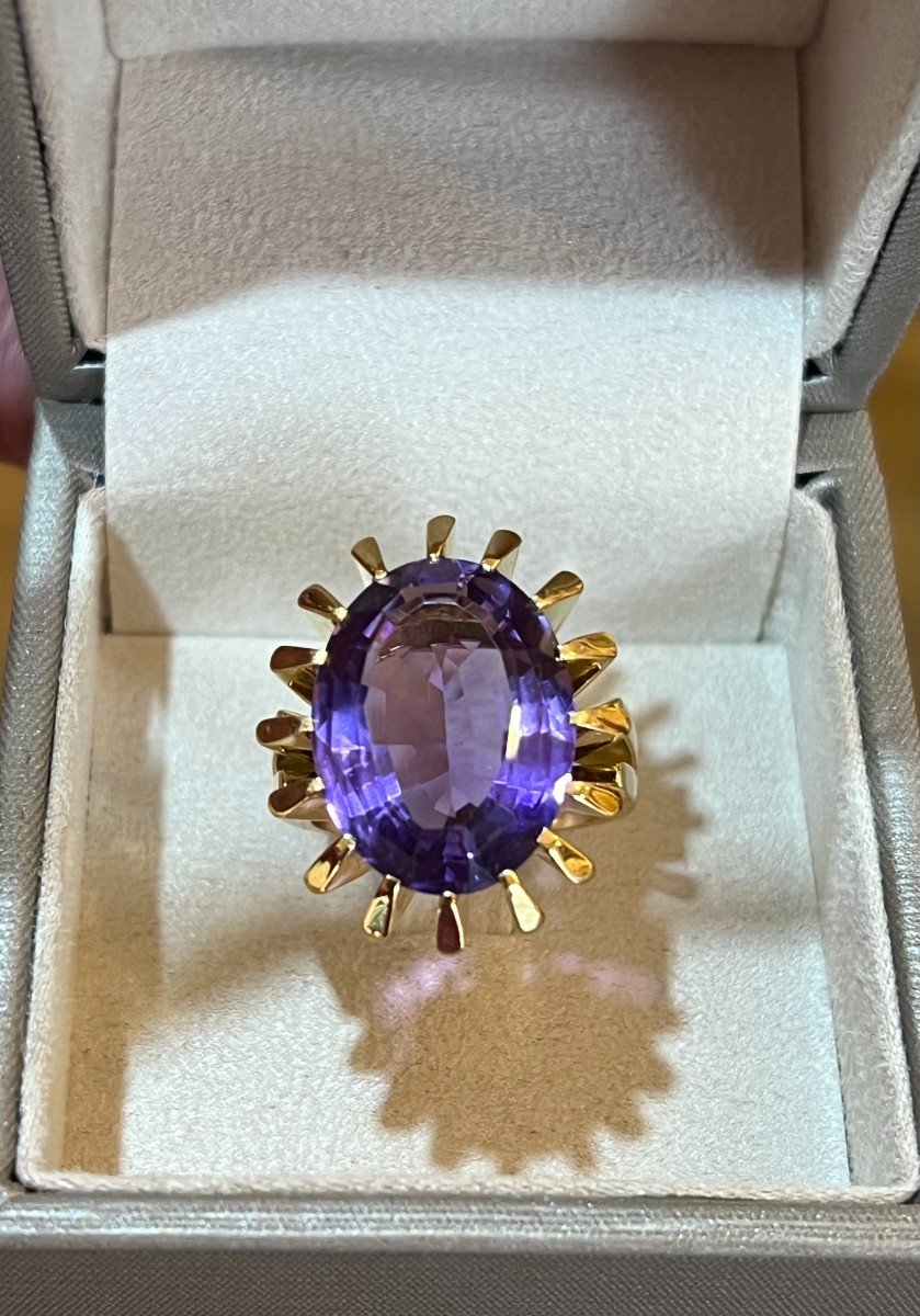 14 Carats Amethyst 18 Carats Yellow Gold Cocktail Ring-photo-4