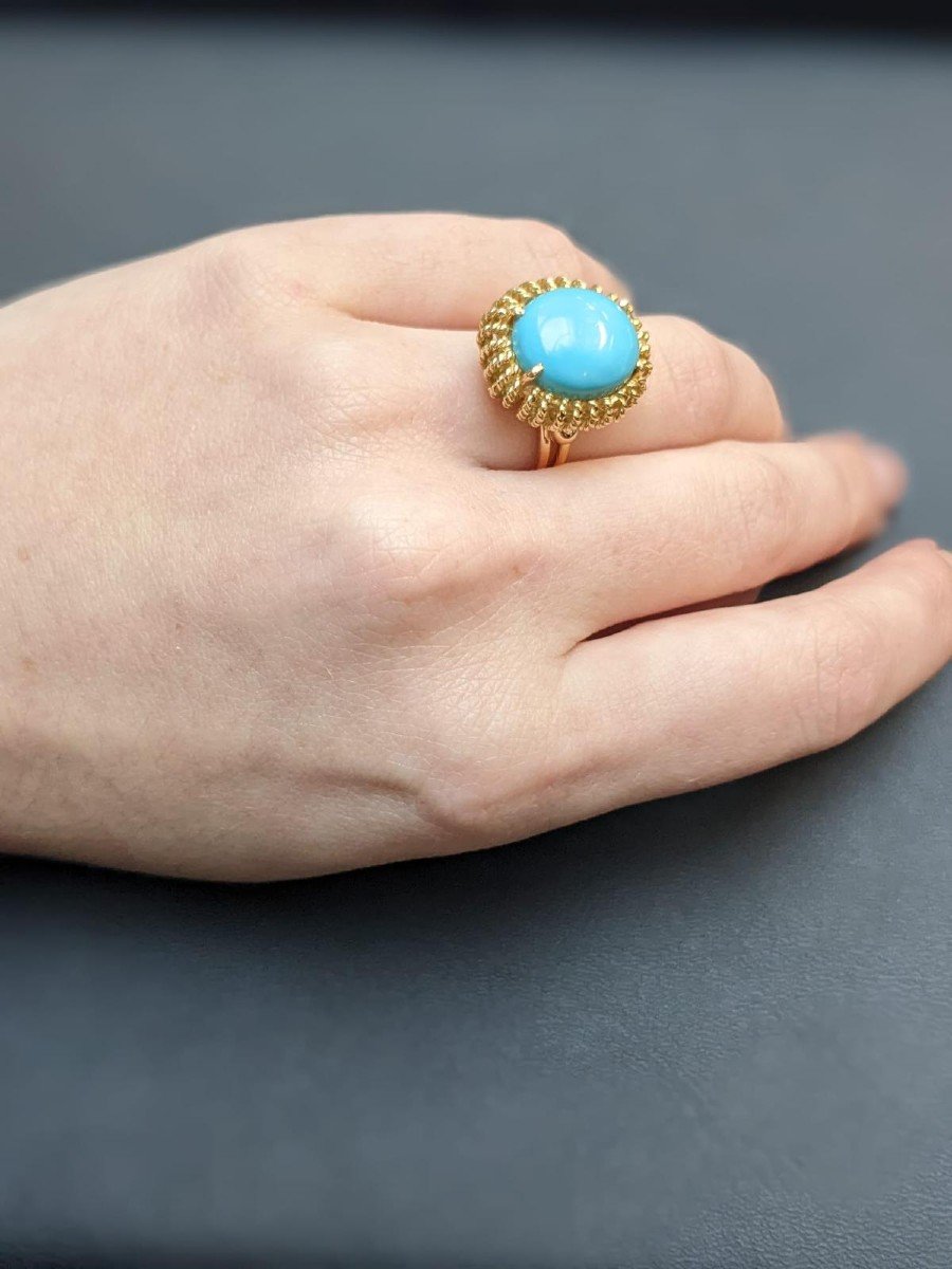 Vintage Sea Urchin Shaped Turquoise Cabochon 18 Carat Yellow Gold Ring-photo-3