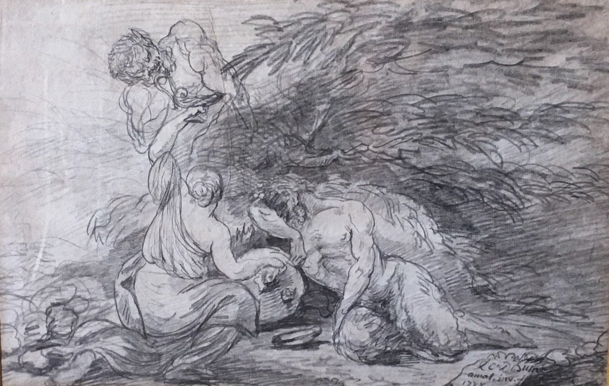 Bacchanal With Nymphs And Satyrs, Pencil On Paper Signed And Dated 1778-photo-3