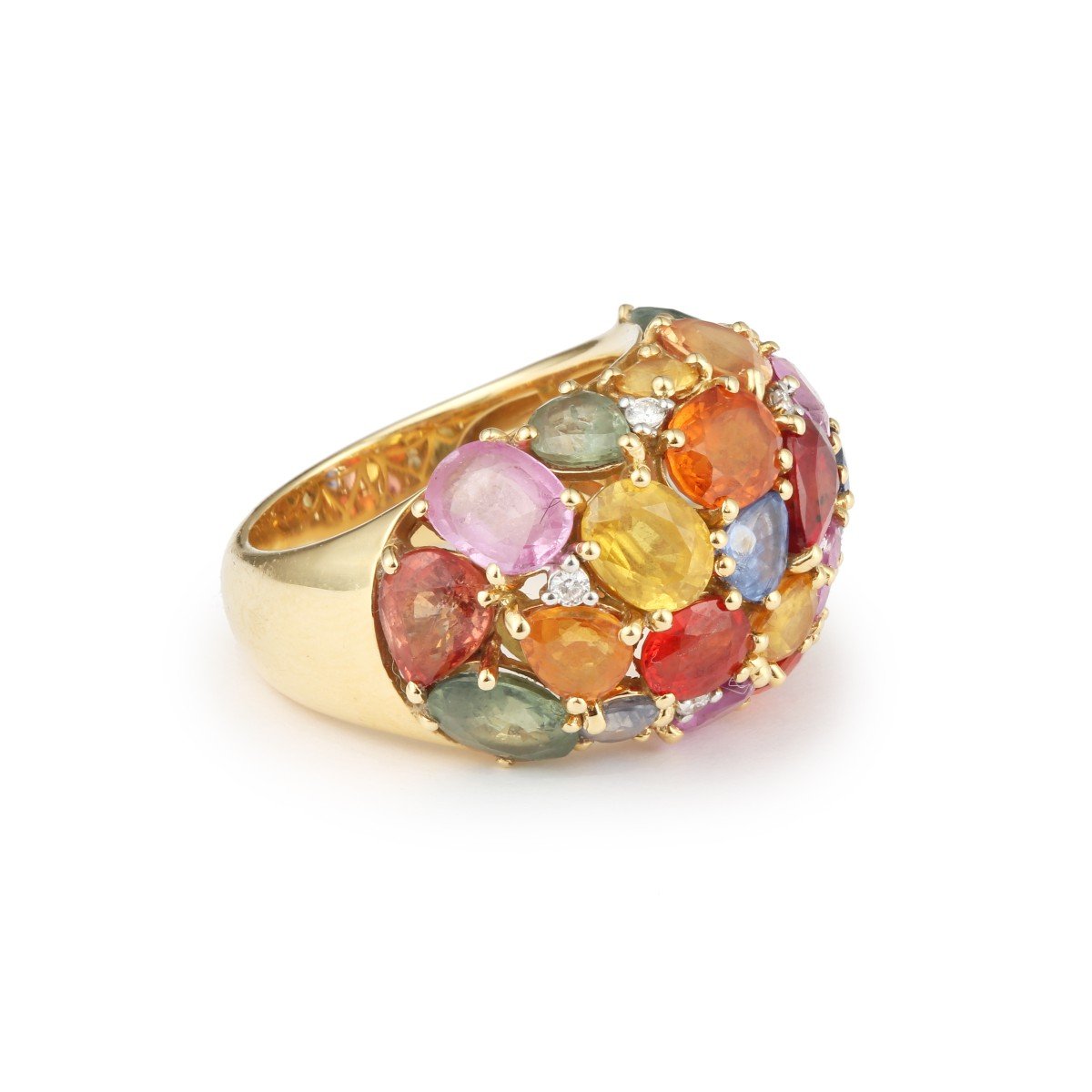 Bague Bombée Saphirs Multicolore 6 Carats Diamants Or Jaune 18 Carats-photo-4