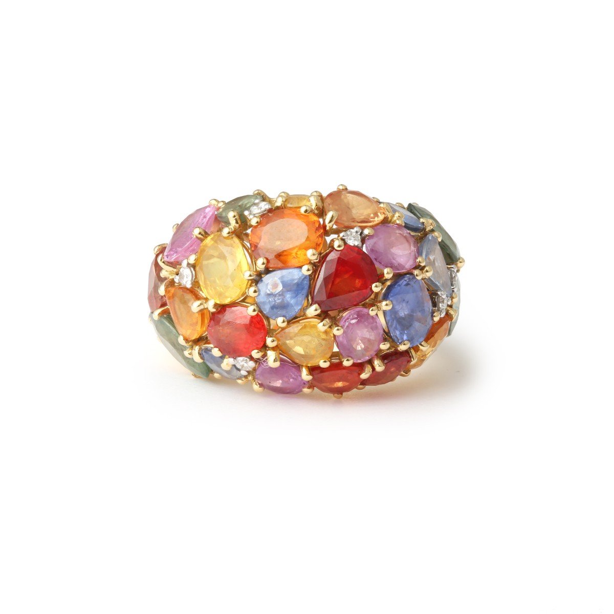 Bague Bombée Saphirs Multicolore 6 Carats Diamants Or Jaune 18 Carats