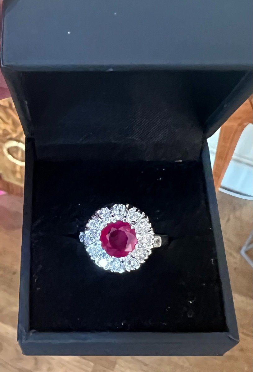 Certified 2 Carats Burmese Ruby Diamonds Platinum 18 Carats White Gold Daisy Ring-photo-3