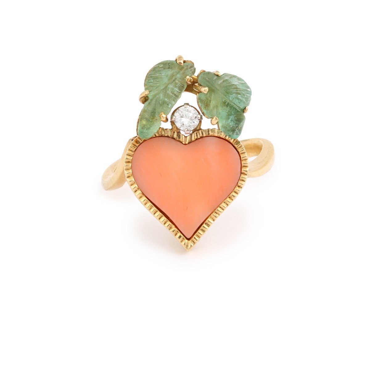 Coral Emeralds Diamonds 18 Carat Yellow Gold Heart Ring