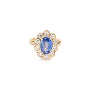 2.10 Carats Sapphire Diamonds 18 Carats Yellow Gold Pompadour Ring