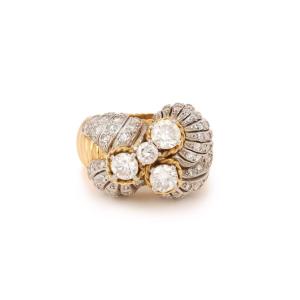 Retro 2 Carats Diamonds Platinum 18 Carats Yellow Gold Cocktail Ring