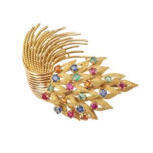 Retro Tutti Frutti 18k Yellow Gold Leaf Brooch