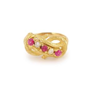 Bague Vintage Branchages Diamants Pierres Rouges Or Jaune 18 Carats