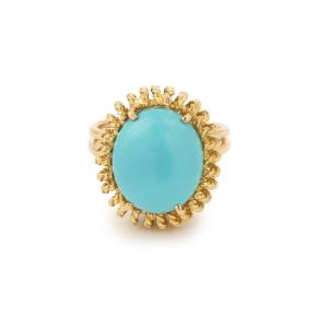 Bague Oursin Vintage Cabochon Turquoise Or Jaune 18 Carats