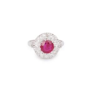 Bague Marguerite Rubis Birman 2 Carats Diamants Platine Or Gris 18 Carats (certificat)