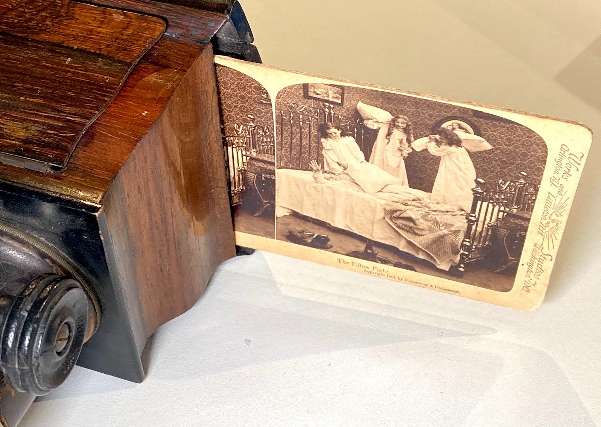 Mahogany Stereoscopic Viewer With "underwood & Underwood" Stereo Card-photo-3