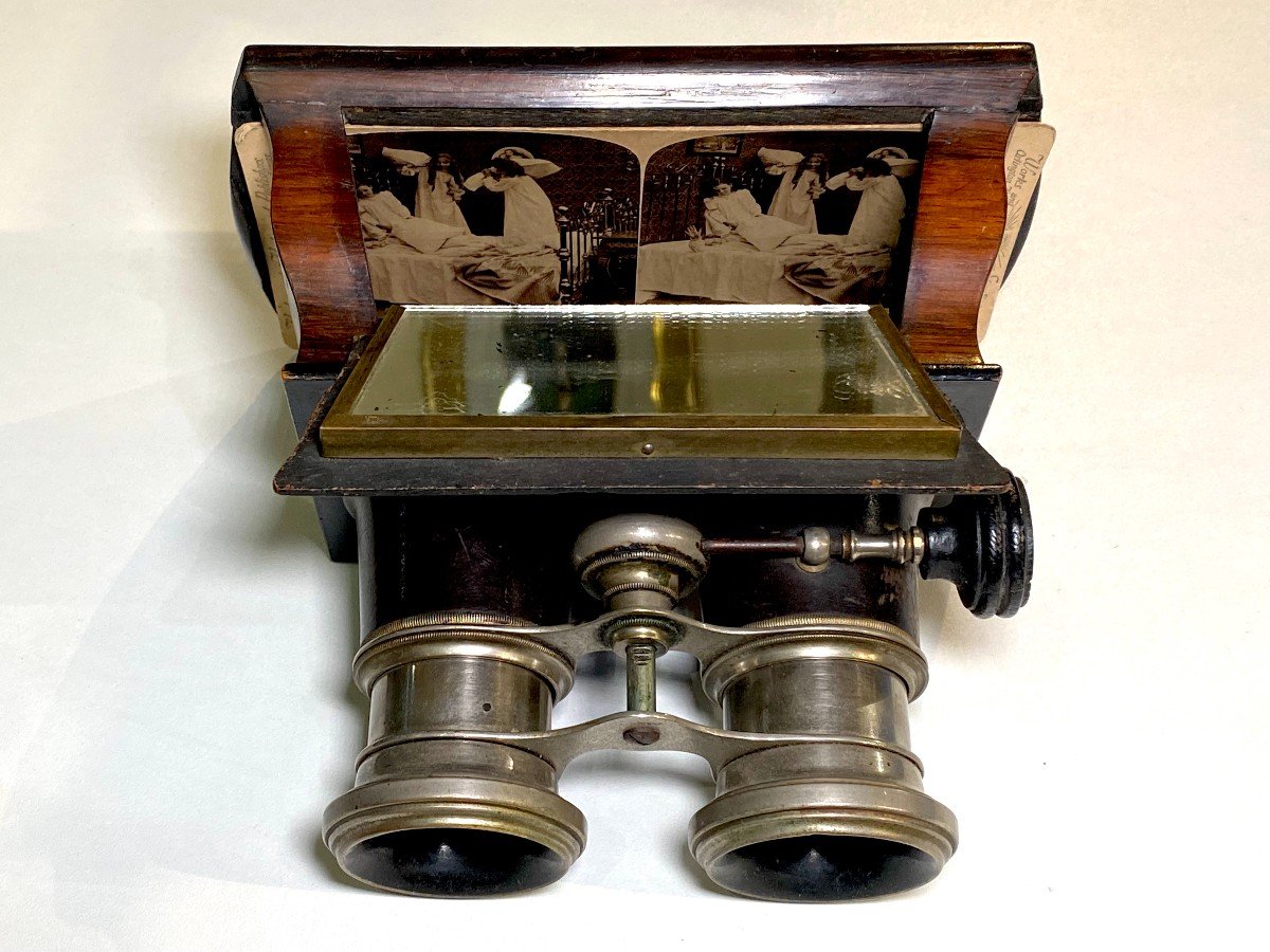 Mahogany Stereoscopic Viewer With "underwood & Underwood" Stereo Card-photo-4